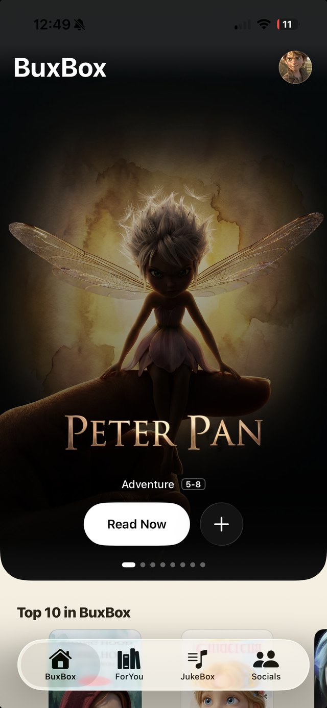 BuxBox home screen featuring Peter Pan